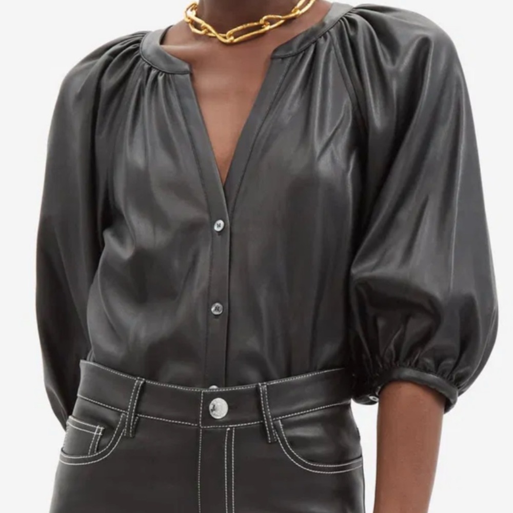 Staud Dill Puff-Sleeve Faux-Leather Top